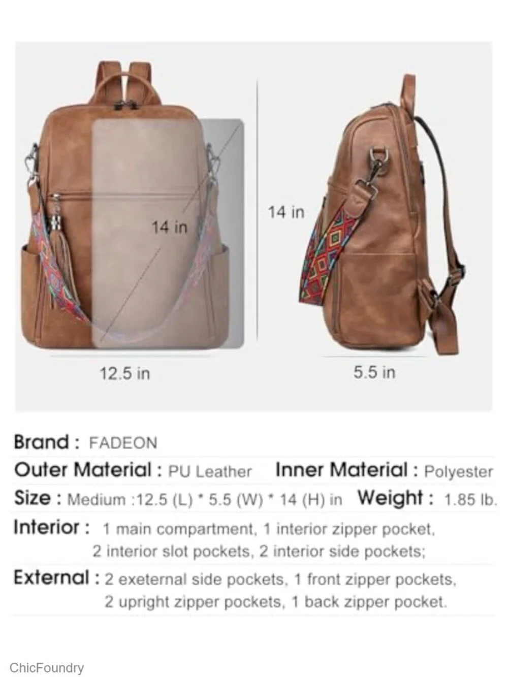 Faux Leather Women's Fashion Backpack, 12 Pockets, 14in Laptop Travel Work